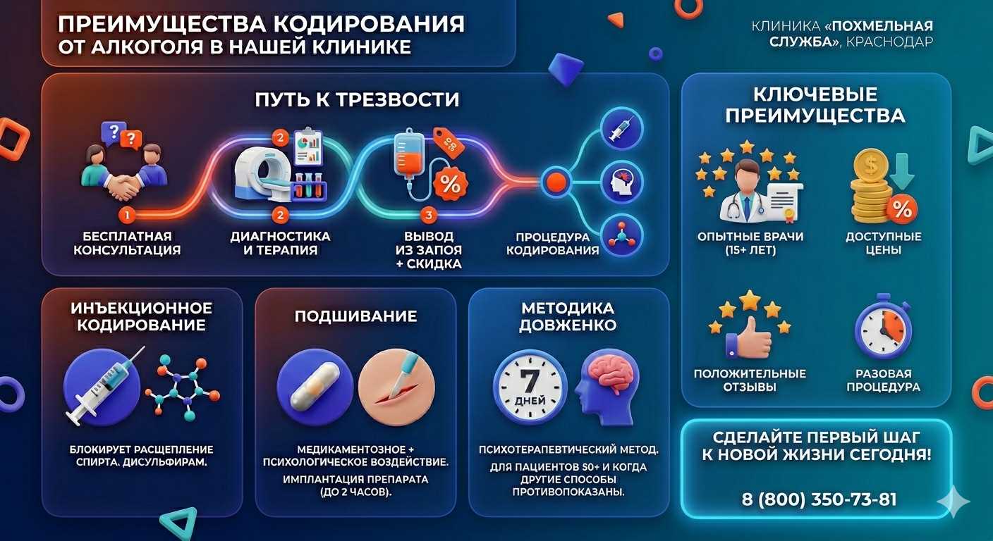 Инфографика о методах кодирования от алкоголя в Тейково: инъекции, подшивание, метод Довженко. Преимущества клиники и этапы лечения.